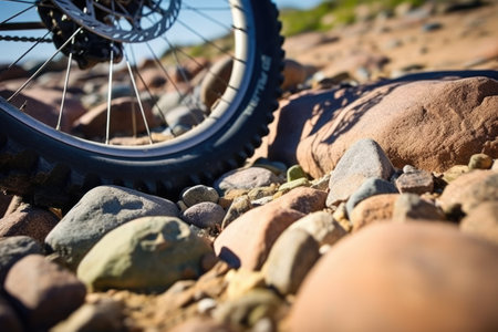 close-up of a bicycle tire on a rocky trail, created with generative aiの素材