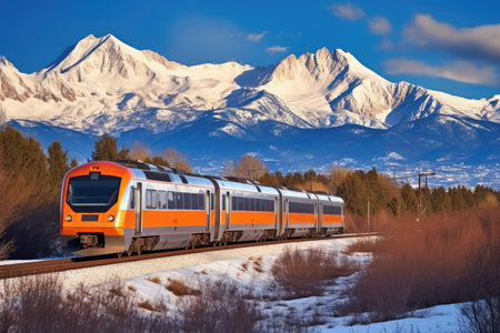 modern train against a backdrop of snowy mountain peaks, created with generative aiの素材