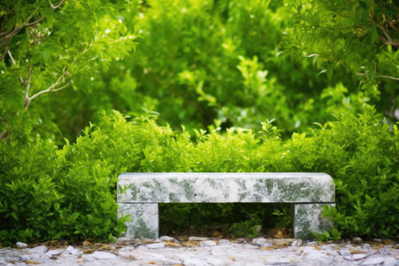 close-up of a marble bench nestled between lush green hedges, created with generative aiの素材