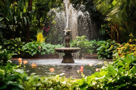 close-up of an intricate garden fountain with water spraying, created with generative aiの素材