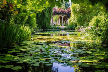 a still pond in a museum garden with floating lily pads, created with generative aiの素材