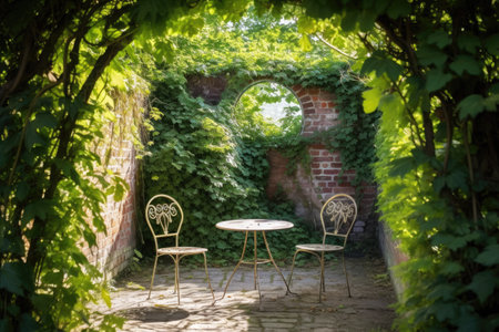 iron table and chairs in a secluded garden alcove, created with generative aiの素材