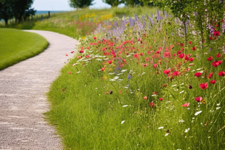 gravel path weaving through a wildflower meadow on museum land, created with generative aiの素材