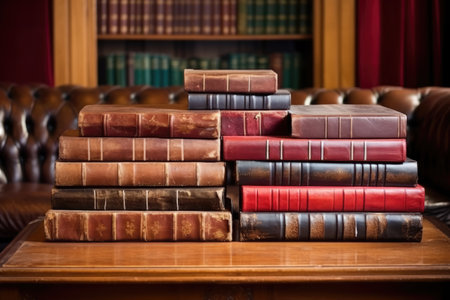 leather-bound books piled on a mahogany table, created with generative aiの素材