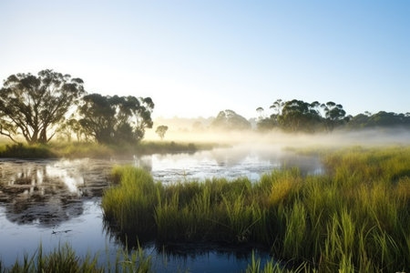 misty morning over a remote swamp reserve, created with generative aiの素材