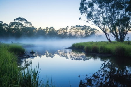 misty morning over a remote swamp reserve, created with generative aiの素材