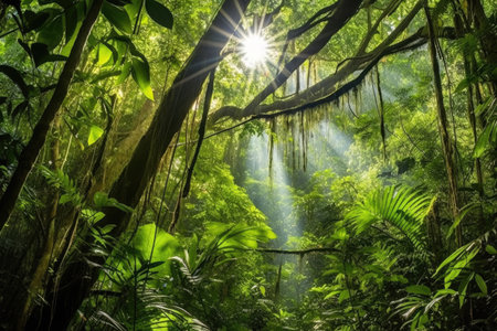 sunrays penetrating the dense canopy of a rainforest reserve, created with generative aiの素材