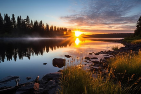 sunrise over a pristine lake in a wilderness reserve, created with generative aiの素材