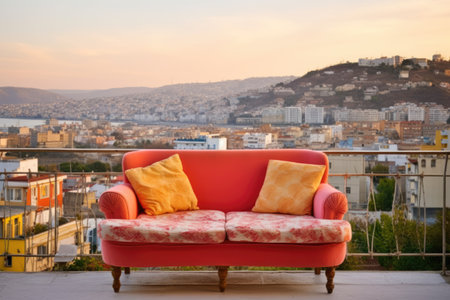 comfortable loveseat on a balcony overlooking the city, created with generative aiの素材