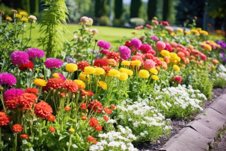a rainbow of flowerbeds in a well-kept garden, created with generative aiの素材