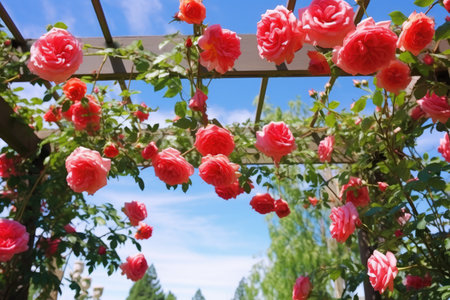 roses climbing up a garden trellis, created with generative aiの素材