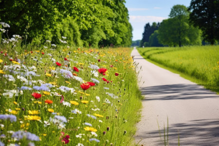 a road through fields of wildflowers in a park, created with generative aiの素材