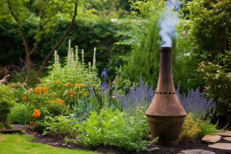 a wisp of smoke from a chiminea in a garden, created with generative aiの素材