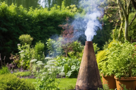 a wisp of smoke from a chiminea in a garden, created with generative aiの素材