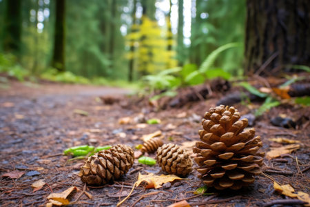 pinecones strewn on a hiking trail in a woodland park, created with generative aiの素材