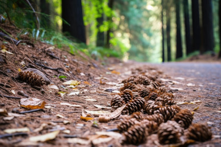 pinecones strewn on a hiking trail in a woodland park, created with generative aiの素材
