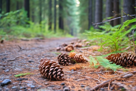 pinecones strewn on a hiking trail in a woodland park, created with generative aiの素材