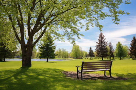 a park bench overlooking a picturesque lawn, created with generative aiの素材