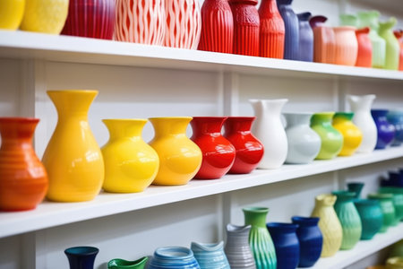 a row of colorful ceramics on white shelving, created with generative aiの素材