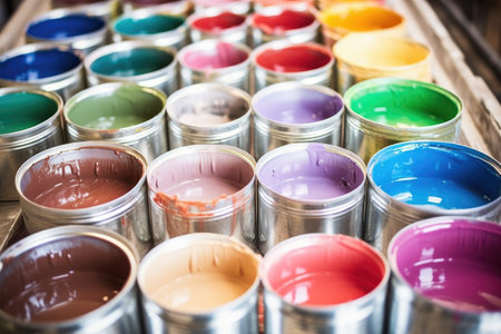 a set of color-blended paint cans on a work table, created with generative aiの素材