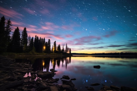 beauty of star-filled sky over a secluded lake, created with generative aiの素材