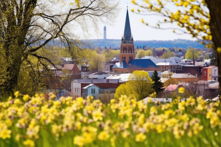 distant view of church surrounded by spring blooms, created with generative aiの素材