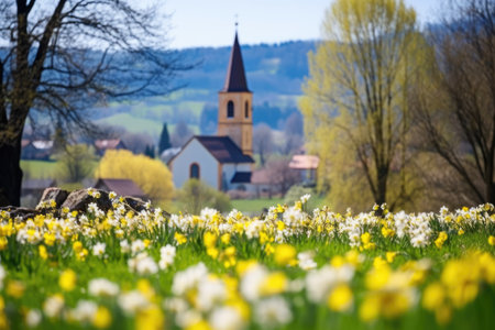 distant view of church surrounded by spring blooms, created with generative aiの素材