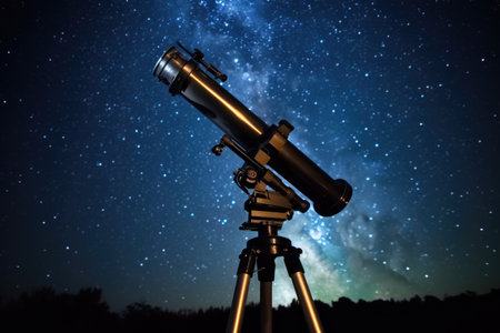 telescope positioned to view jupiter against a starry night sky, created with generative aiの素材