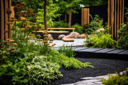 a landscape design juxtaposing natural and manmade materials, created with generative aiの素材