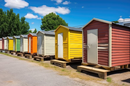 a collection of prefabricated garden sheds, created with generative aiの素材