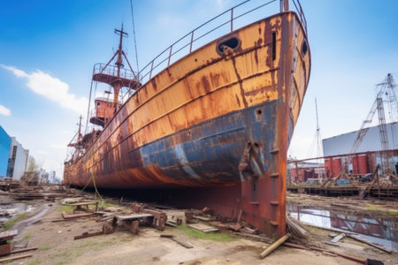 decaying wooden ship being restored in a dockyard, created with generative aiの素材