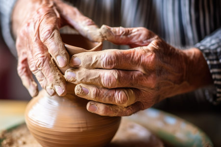 a close-up of a potters hands conserving an old ceramic vase, created with generative aiの素材