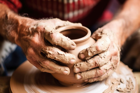 a close-up of a potters hands conserving an old ceramic vase, created with generative aiの素材