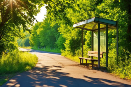 quiet rural bus stop with surrounding nature, created with generative aiの素材