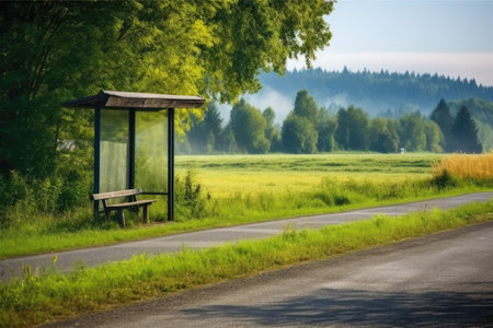 quiet rural bus stop with surrounding nature, created with generative aiの素材