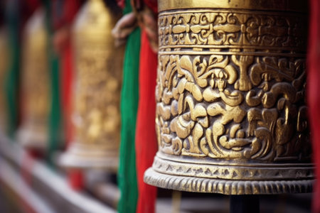 close-up of prayer wheel at buddhist stupa, created with generative aiの素材