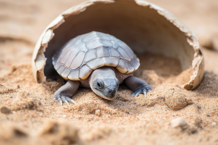 endangered turtle hatching from an egg on a sandy beach, created with generative aiの素材