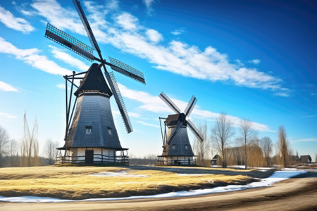 windmills turning on a sunny day, created with generative aiの素材