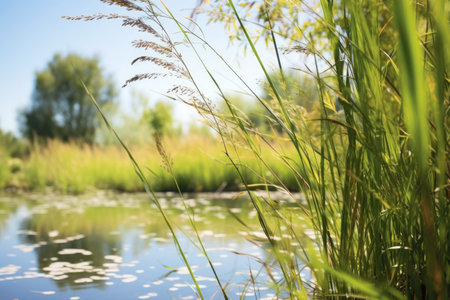 close-up of native plants in a restored wetland, created with generative aiの素材