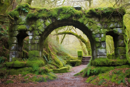 a stone archway covered in vibrant moss and lichen, created with generative aiの素材