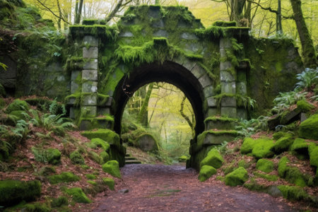 a stone archway covered in vibrant moss and lichen, created with generative aiの素材