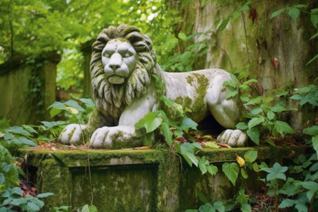 stone lion statue amidst overgrown roman ruins, created with generative aiの素材