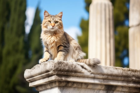 cat sitting atop a fallen roman pillar, created with generative aiの素材