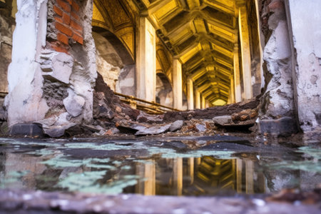 broken mosaic tile floor in an old roman bath, created with generative aiの素材