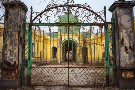 aged iron gate of a ruined mansion near a shopping mall, created with generative aiの素材