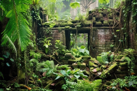 jungle engulfing crumbling brick ruins, created with generative aiの素材