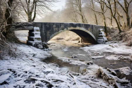 ruined stone bridge crossing a frozen river, created with generative aiの素材
