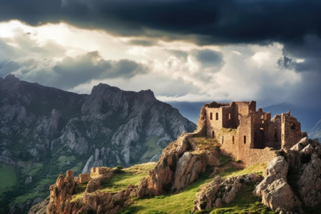 sunlit mountain ruins with a stormy sky backdrop, created with generative aiの素材