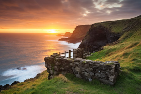 cliffside ruins overlooking an ocean sunrise, created with generative aiの素材