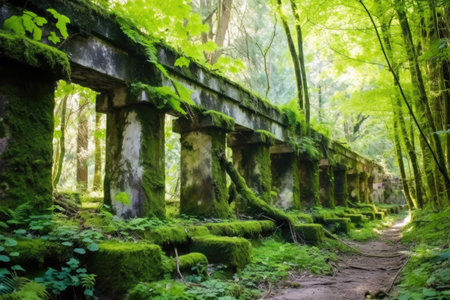 close-up of ruins detail with forest background, created with generative aiの素材